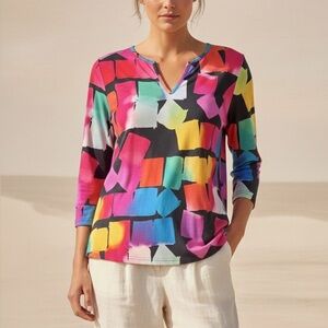 Sno Skins Cubes Knit Top Split V-Neck Women's XXL Art to wear Resortwear*READ